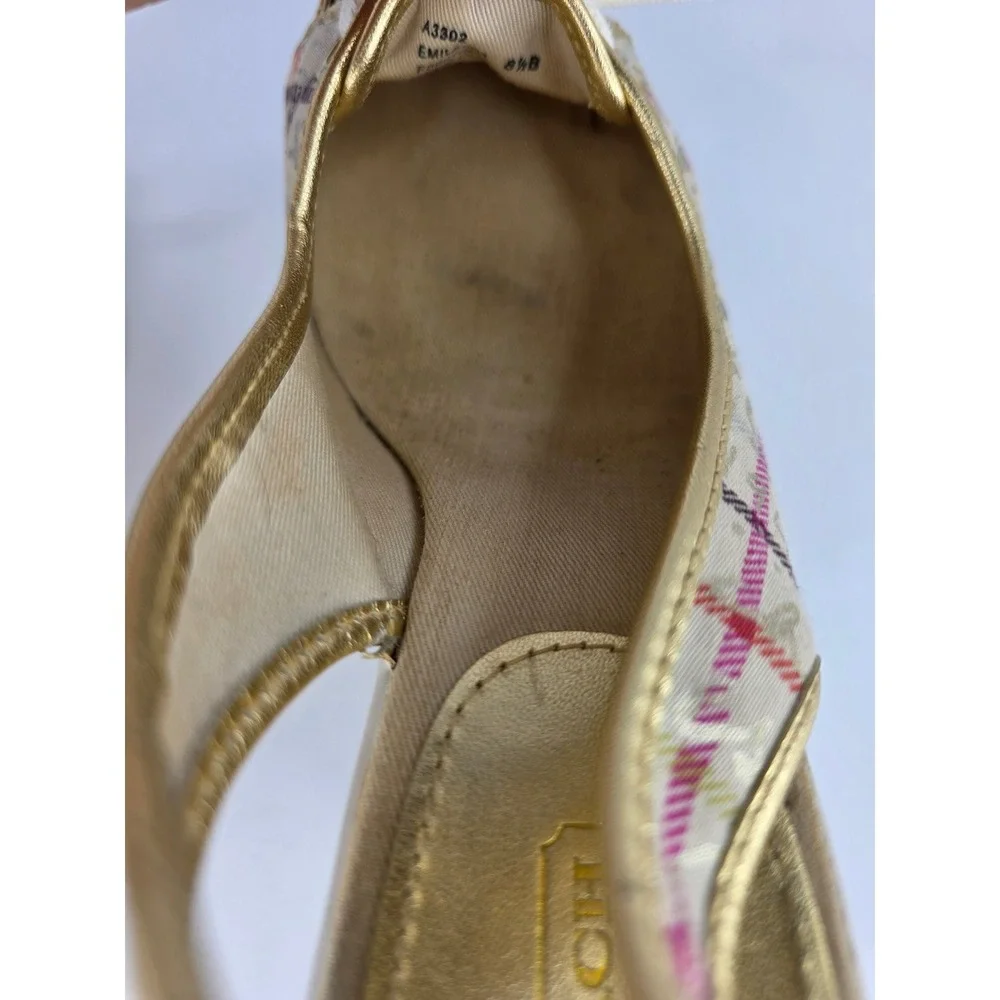 Coach Emilanna Wedge Sandals Womens 8.5B  Multi Plaid Canvas Gold Slingback